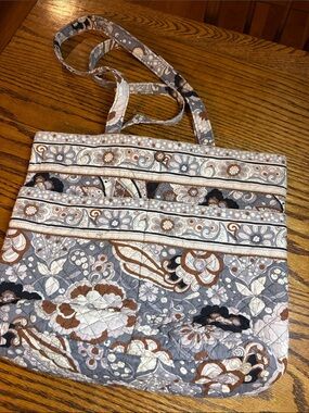 Quilted Floral Tote Bag in Gray, Brown and Cream